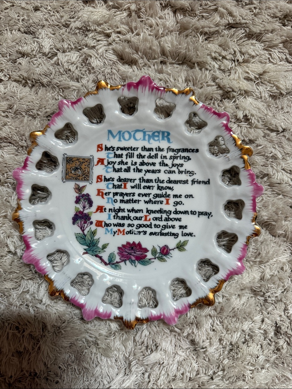 Mother Decorative Porcelain Plate with Pink & Gold Trim